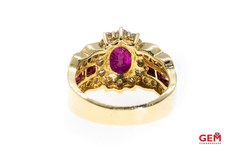 Natural Oval Ruby & Diamond Halo Accent Band Solid 14K 585 Yellow Gold Ring Size 7 1/4