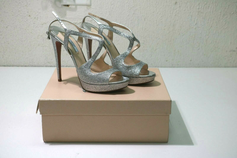 Prada: Sandals - Lance Wedding - Silver - Platform Strap Heels - Argento Glitter