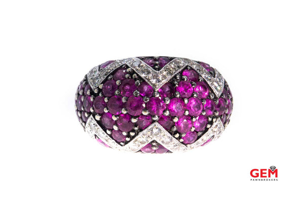 Domed Pink Sapphire & Diamond Cluster 14K 585 White Gold Cocktail Ring Size 8 1/4