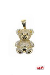 Teddy Bear Cubic Zirconia Pave Drop Charm 14K 585 Yellow Gold CZ Pendant