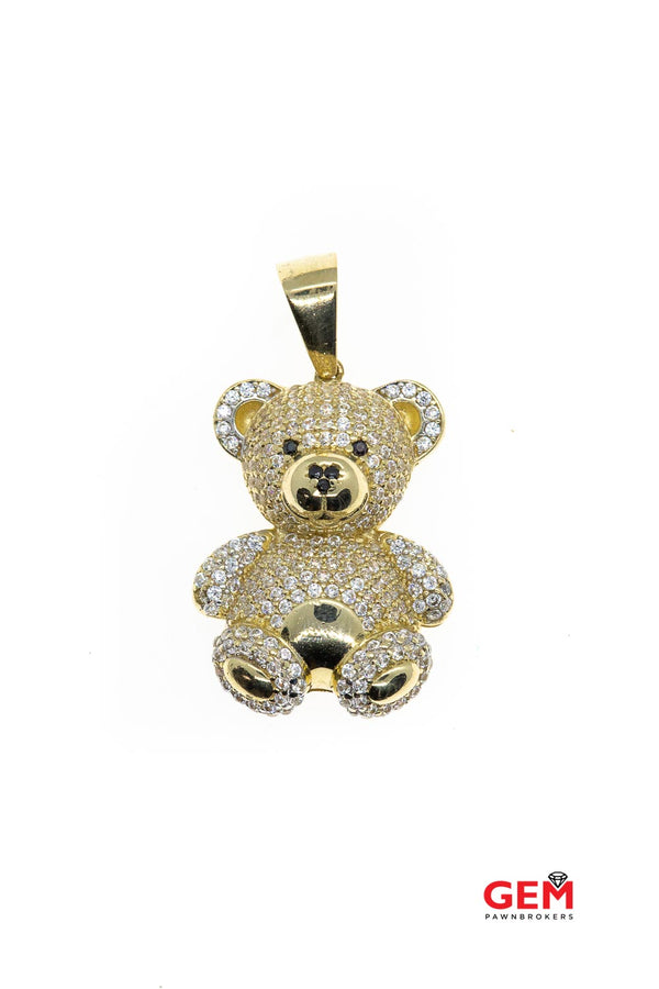 Teddy Bear Cubic Zirconia Pave Drop Charm 14K 585 Yellow Gold CZ Pendant