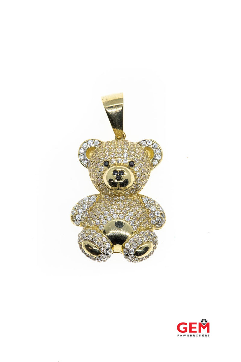 Teddy Bear Cubic Zirconia Pave Drop Charm 14K 585 Yellow Gold CZ Pendant