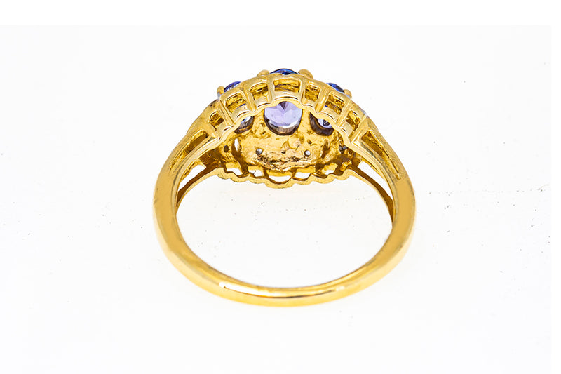 Vintage STS Victorian Natural Three 3 Stone Tanzanite & Diamond Cluster 14K 585 Gold Cocktail Ring Size 7