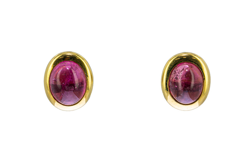 Natural Bezel Set Pink Tourmaline Shield 18K 750 Yellow Gold Pair of Earrings