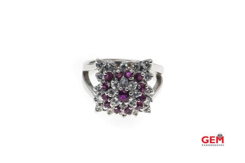 Vintage Diamond & Pink Sapphire Geometric Cluster 14K 585 White Gold Cocktail Ring Size 5 1/2