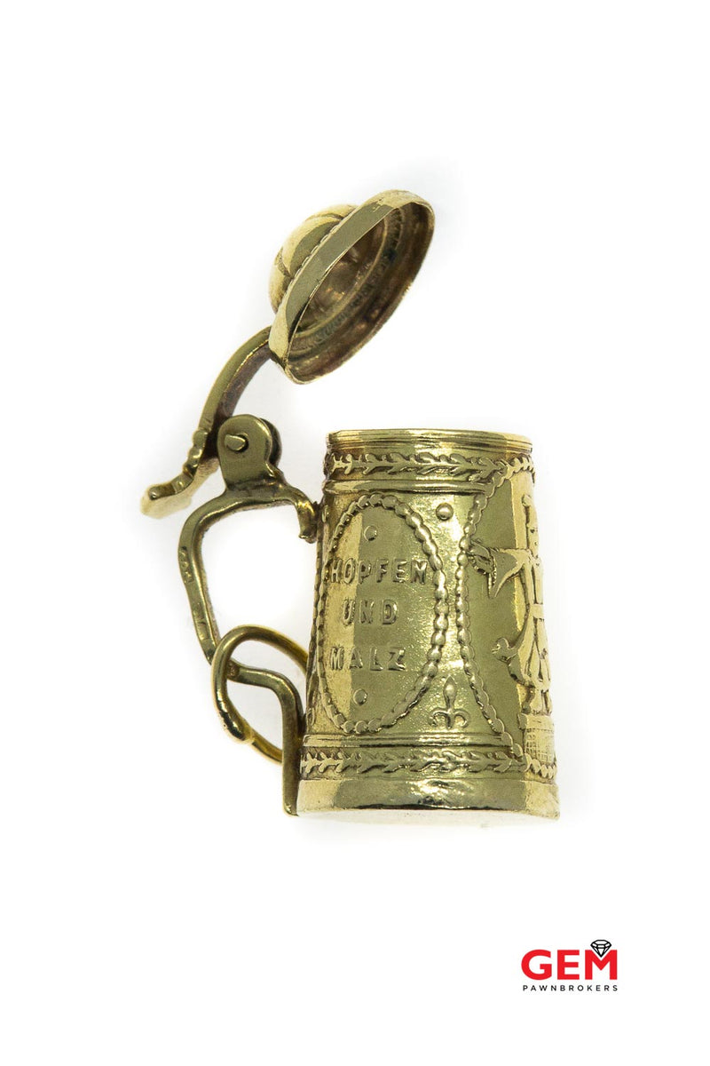 Antique 14K 585 Yellow Gold German Beer Mug Erhaltes Stein Charm