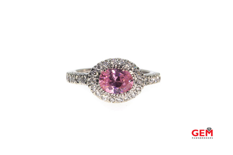 A/C Pink Topaz & Diamond Halo Accent 14K 585 White Gold Ring Size 5 1/4