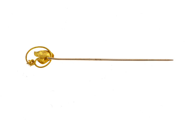 Art Nouveau Freshwater Pearl Leaf Wire Brooch 14K 585 Yellow Gold Lapel Pin
