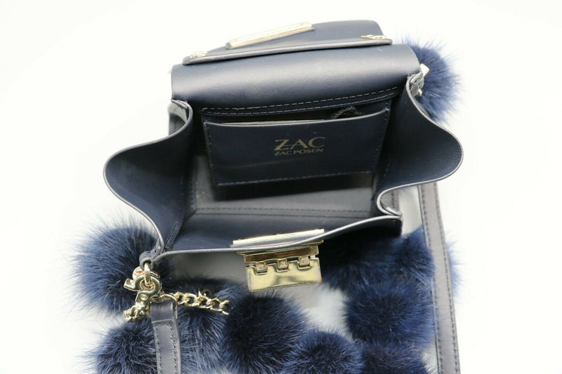 Zac Posen Blue Eartha Iconic Top Handle Fur Pom-pom Mini Leather Crossbody