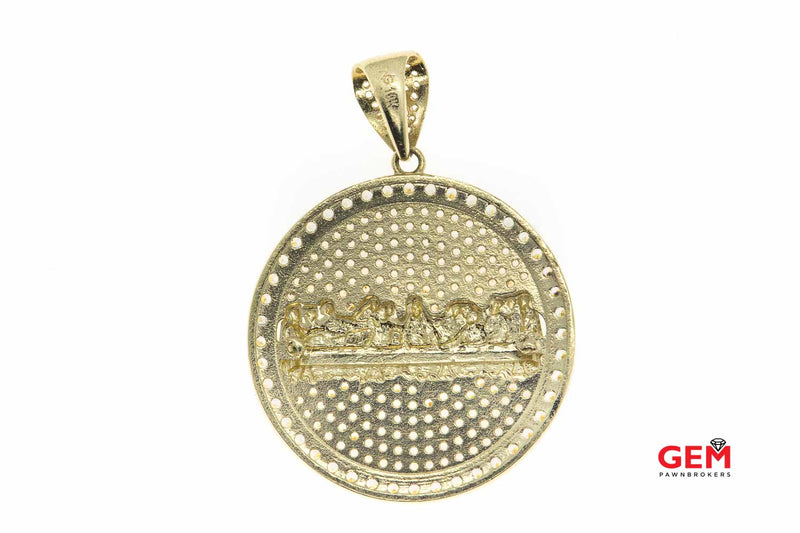 Last Supper Religious Cubic Zirconia Pave Charm 10K 417 Yellow Gold Disc Pendant