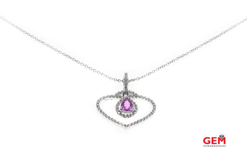 Pink Sapphire Pear & Diamond Pave Open Heart 14K 585 White Gold 16" Necklace