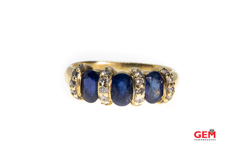 Natural Oval Sapphire & Diamond Accent Cluster Cocktail Band 14K 585 Yellow Gold Ring Size 8 1/2