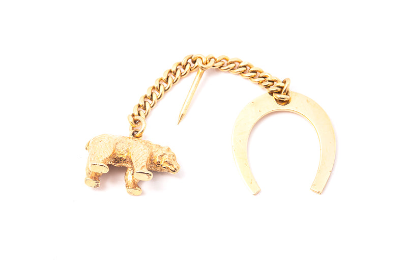 Vintage Lucky Horseshoe Bear 14k 585 Yellow Gold Tie Lapel Pin