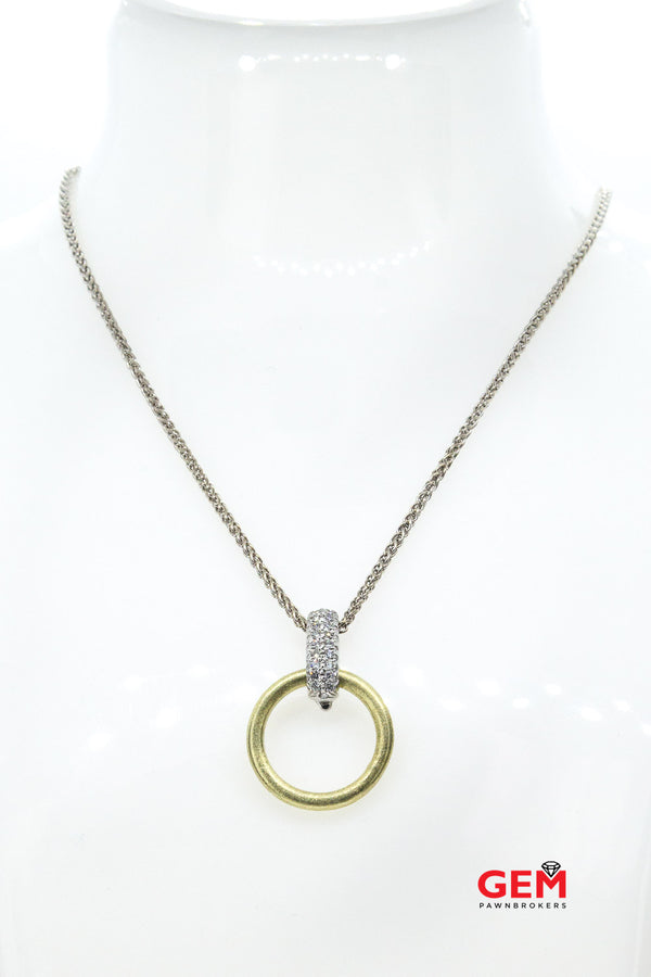 Makur Satin Diamond Pendant Wheat Link 14K 585 White & Yellow Gold 16" Necklace