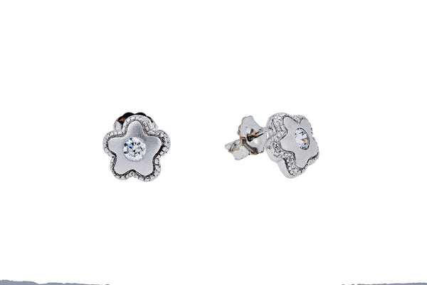 Cubic Zirconia Daisy Flower Star Stud 14K 585 White Gold Pair of CZ Earrings