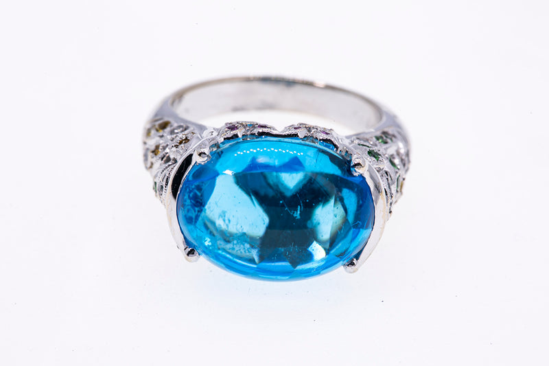 Blue Topaz & Pink Sapphire Diamond Cocktail 18K 750 White Gold Ring Size 8 1/2
