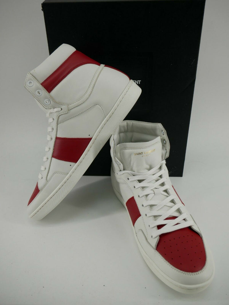 Saint Laurent SL10H Mens Leather High-Top Sneakers White/Red Size 45/11