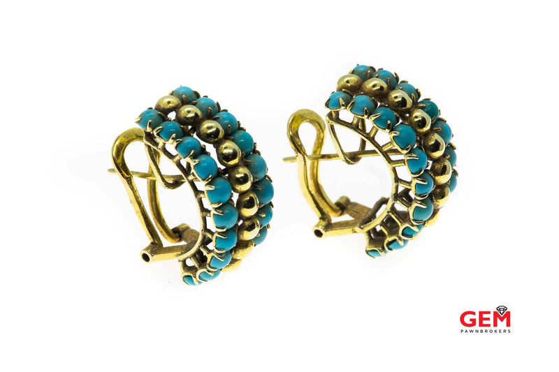 Natural Turquoise Beaded Accent Drop 18K 750 Yellow Gold Earrings