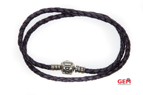 Pandora Sterling Silver 925 Purple Leather Moments Charm Woven Double Bracelet 14"