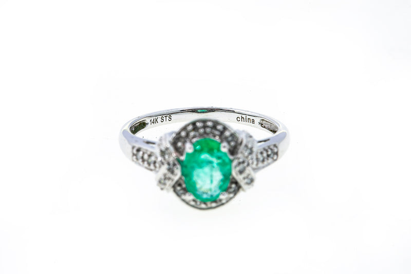 STS Jewels Emerald & Diamond Cluster Band 14K 585 White Gold Ring Size 6