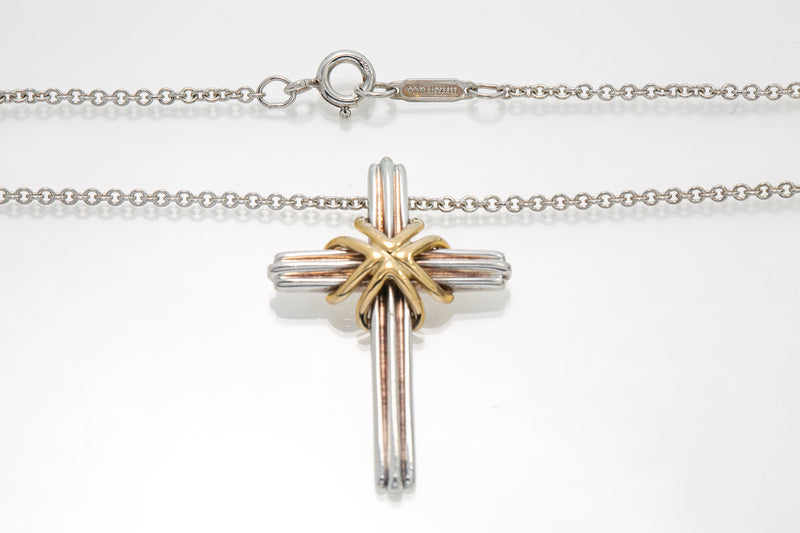 Tiffany & Co Religious Cross 925 750 Sterling Silver & Yellow Gold Chain Pendant