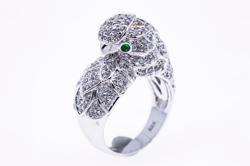 Cubic Zirconia Cluster Parrot Bird Band 925 Sterling Silver Animal Ring Size 8
