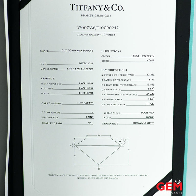 Tiffany & Co True Cut Diamond Platinum Engagement Ring 1.07ct H/VS1 w/ COA