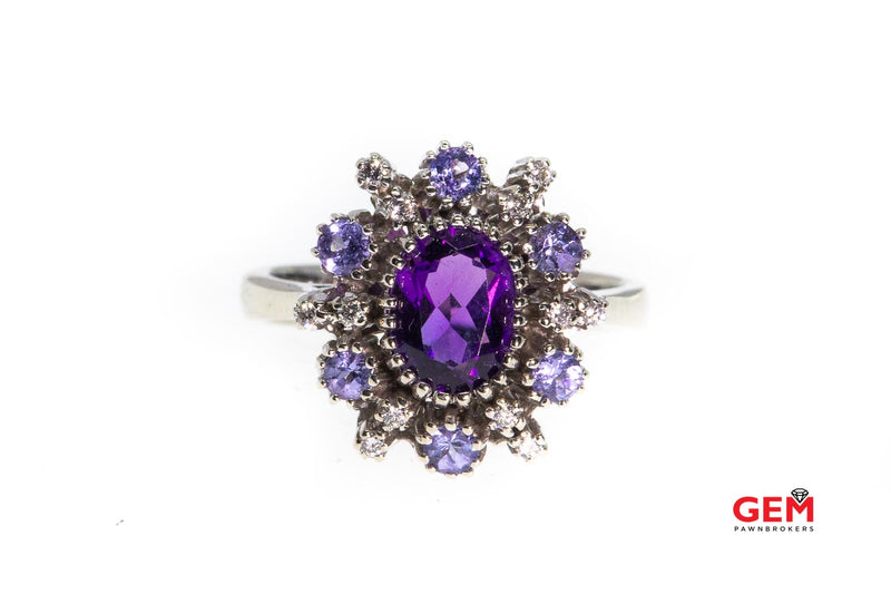 Amethyst & Diamond Cluster 14K 585 White Gold Cocktail Ring Size 6