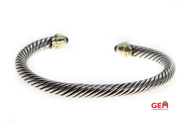 David Yurman Cable Sterling Silver 925 Bracelet 14K 585 Onyx Slightly Bent Cuff