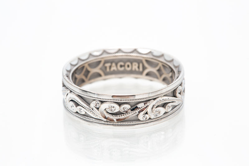 Tacori Scroll Motif 18k 750 White Gold Wedding Band Ring Size 10
