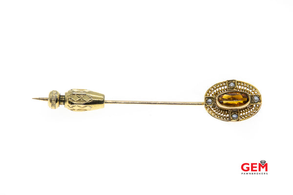 14 KT Yellow Gold Citrine Stick Lapel Pin Brooch