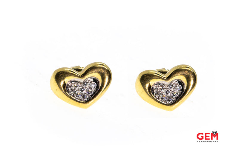 Movado Puff Heart Diamond Pave Studs 18K Yellow & White Gold Pair Earrings