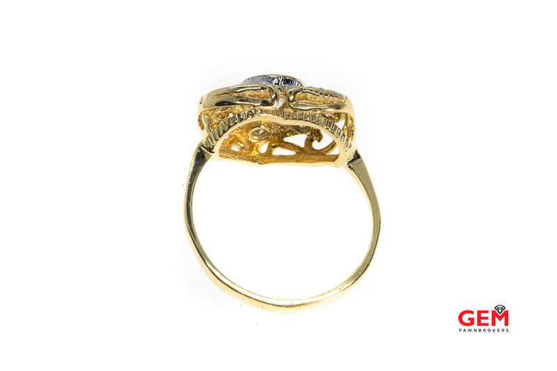 Heart Cubic Zirconia Filigree 14K 585 Yellow & White Gold CZ Ring Size 6 1/4