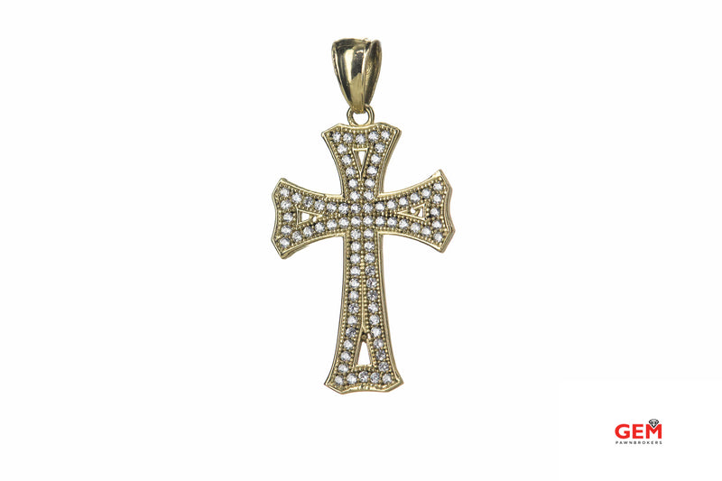 Cubic Zirconia Pave Flared Religious Cross 14K 585 Yellow Gold CZ Pendant