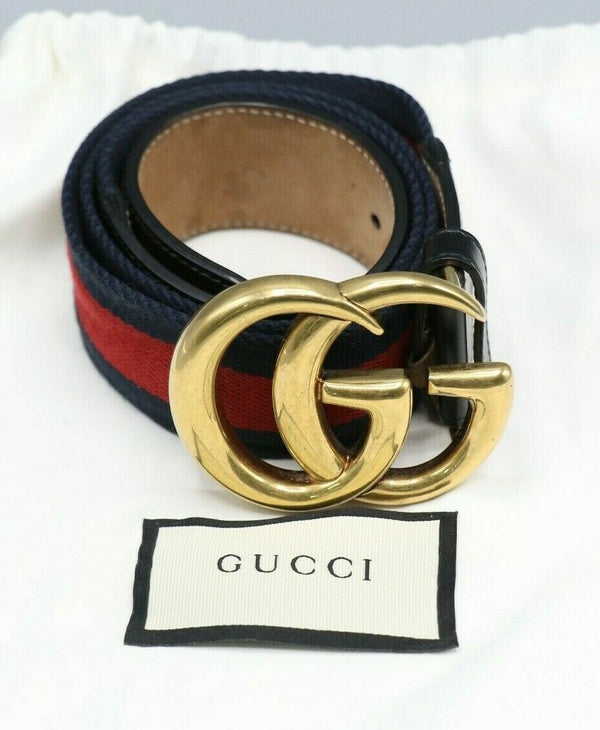 Gucci Gold GG Canvas Webbing Belt w/ Black Leather Sz 85/34
