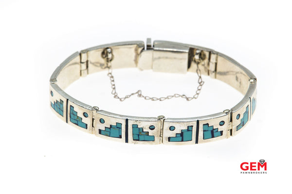 Vintage Taxco Tono Link Turquoise Inlay Solid 925 Sterling Silver Bracelet