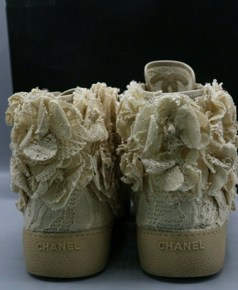 Chanel Camellia Flower Mesh Lace Beige Clair Hi Top Sneakers Size 38.5/8