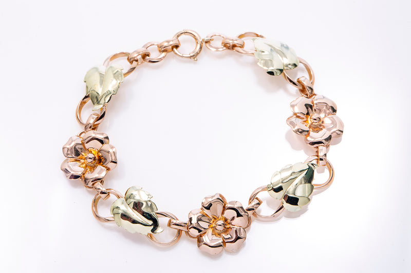 Vintage Rose & Yellow 14k 585 Gold Leaf Motif Link Bracelet 8"