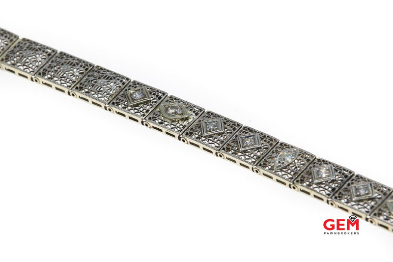 Estate Diamond Filigree Accent 14K 585 White Gold Pierced Bracelet