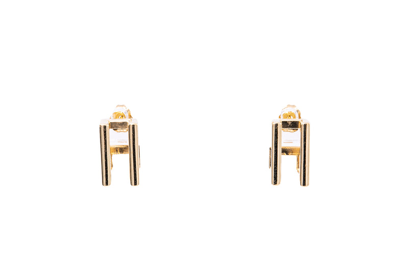 Geometric Square Line 3D Huggies Solid 14K 585 Yellow Gold Pair of Hoop Earrings