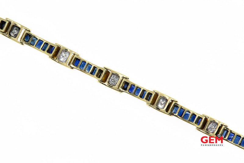 Natural Sapphire & Diamond Bar Link Station 18K 750 Yellow Gold Bracelet