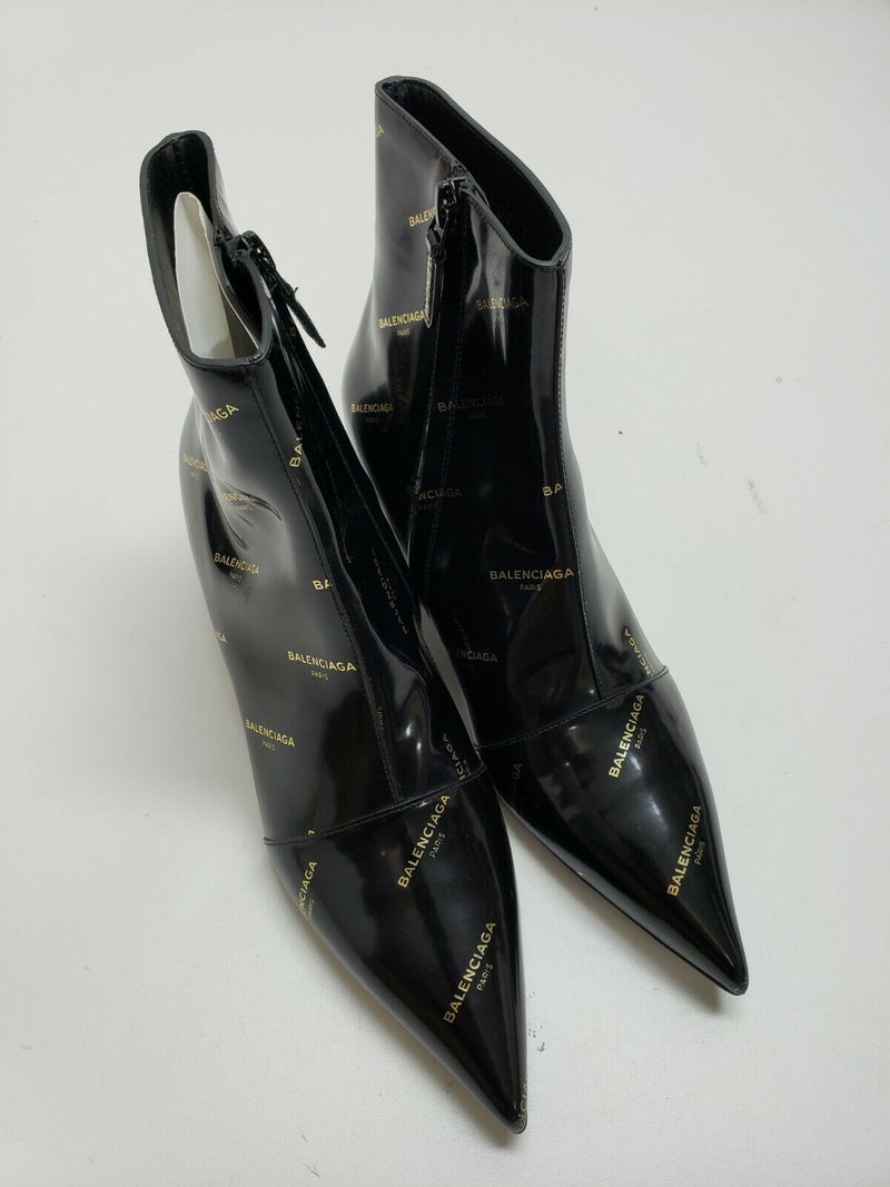 Balenciaga Black Patent Logo Print Curved Heel Bootie | Size 5.5 US, 36 EUR