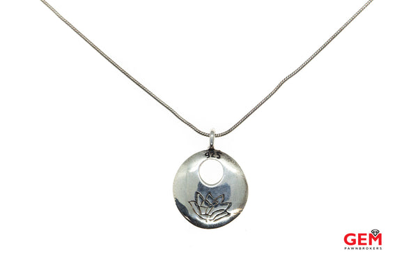 Satya Snake Link Chain Round Lotus Flower Engraved Pendant 925 Sterling Silver 16.4" Necklace