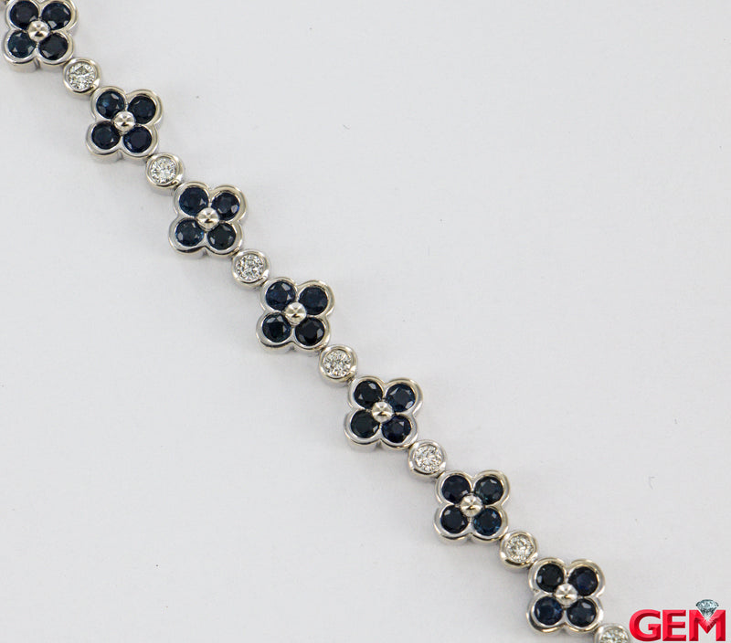 Flower Clover 14k 585 White Gold Diamond Sapphire Station Bracelet 7.5"