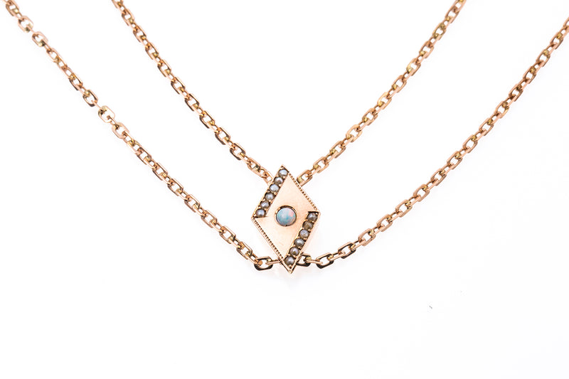 Victorian 8k 333 Rose Gold Seed Pearl & Opal Slide Necklace Chain 52"