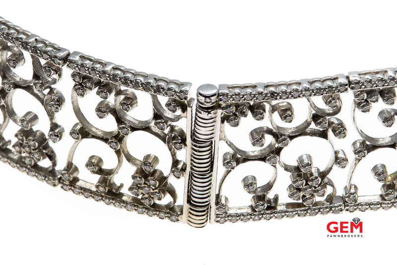 Floral Motif Scroll Filigree Wide 28.5mm Link Diamond Pave Accent 14K 585 White Gold 12" Collar Necklace