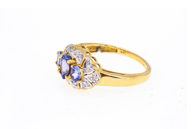 Vintage STS Victorian Natural Three 3 Stone Tanzanite & Diamond Cluster 14K 585 Gold Cocktail Ring Size 7