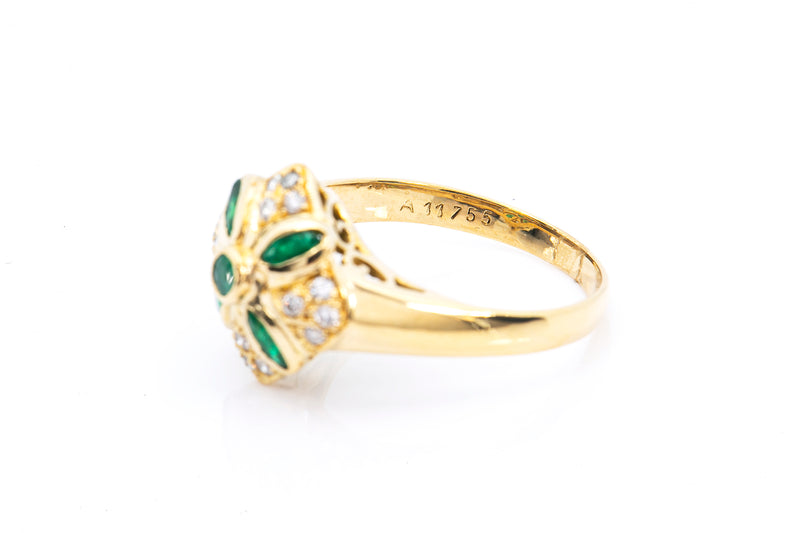 Marquise Emerald & Diamond Cocktail Cluster 18k 750 Yellow Gold Ring
