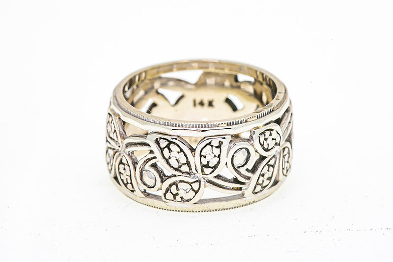 Milgrain Accent Floral Filigree 10mm Wide Band 14K 585 White Gold Ring Sz 6 3/4