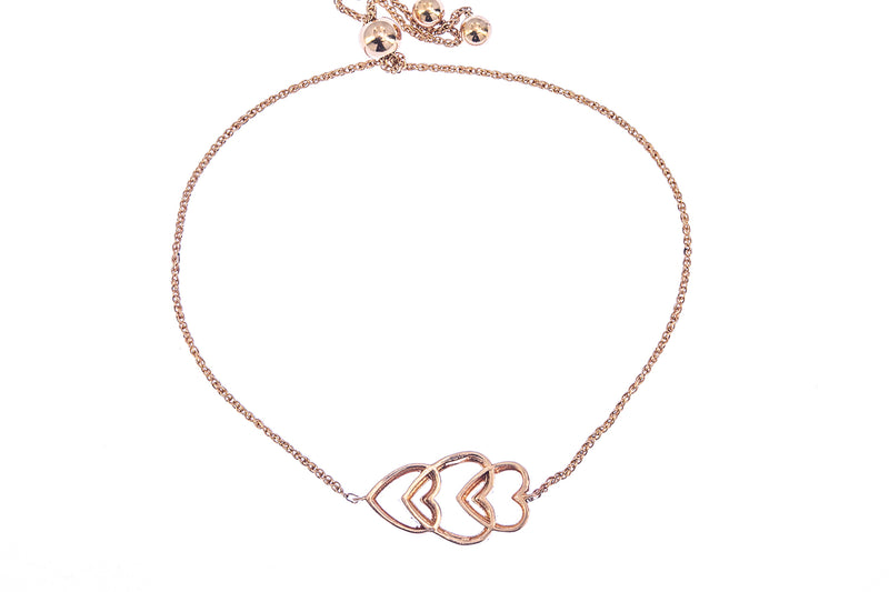 Bolo Tie Interlocking Triple Diamond Heart 14K 585 Rose Gold Wheat Link Bracelet